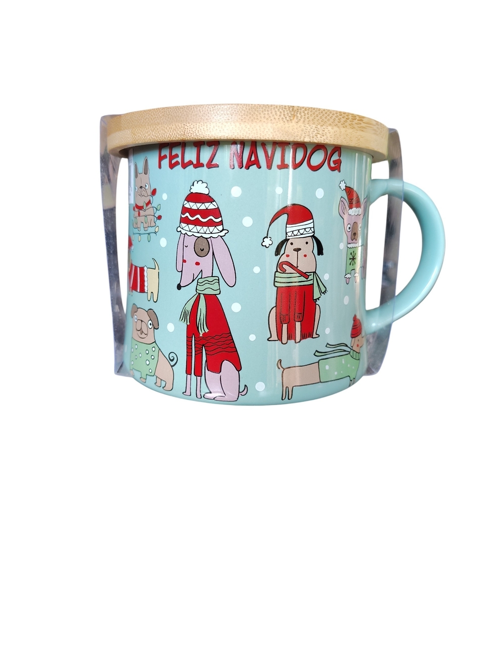 Feliz Navidog Ceramic Holiday Mug with Bamboo Lid - Light Blue 16oz. NEW